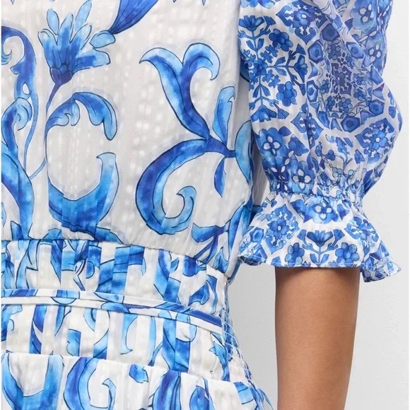 Ramy Brook Susan Watercolor Puff-Sleeve Minidress in Spring Navy Positano - Picture 7 of 11